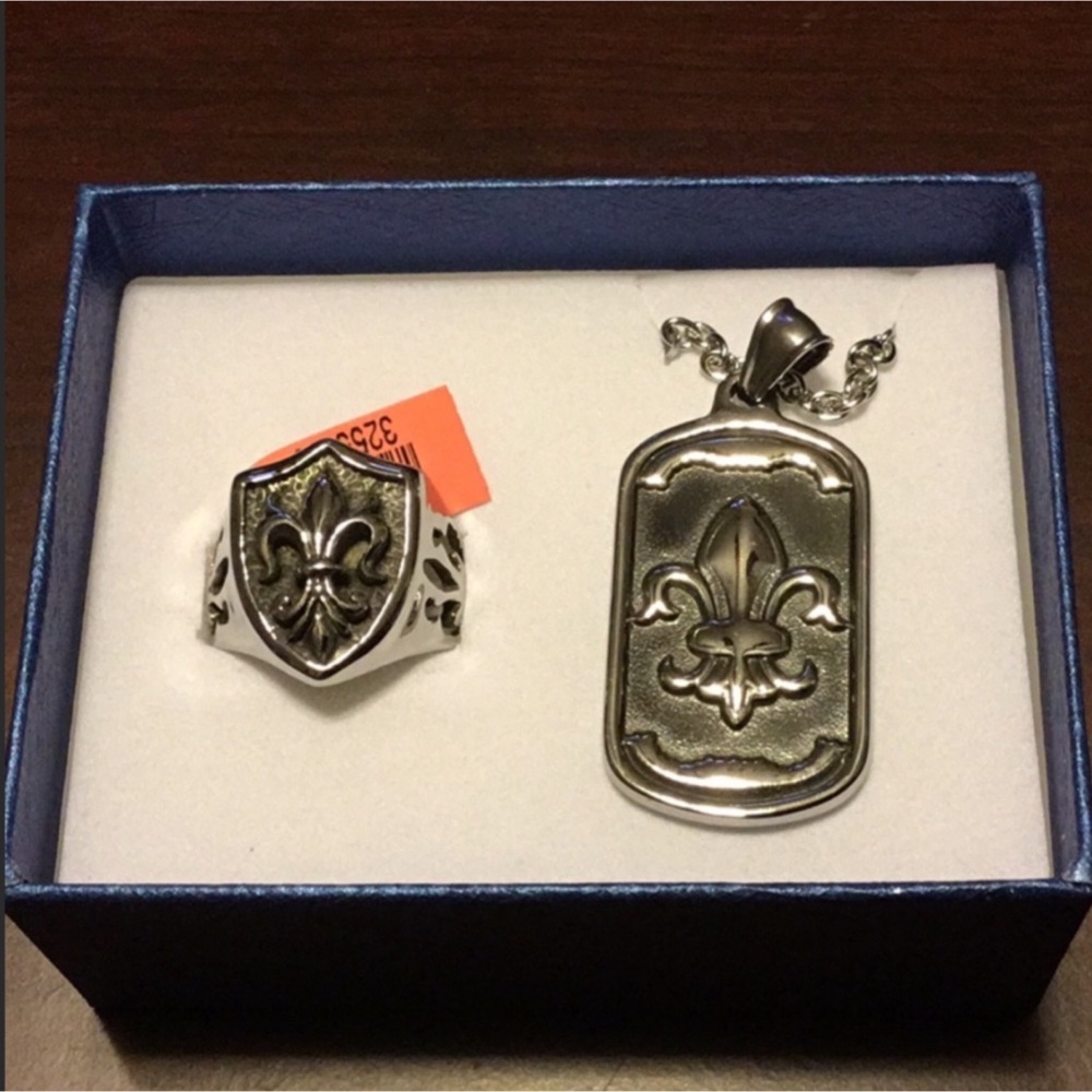 Black Oxidized Stainless Steel Men's Ring and necklace set - Picture 2 of 6
